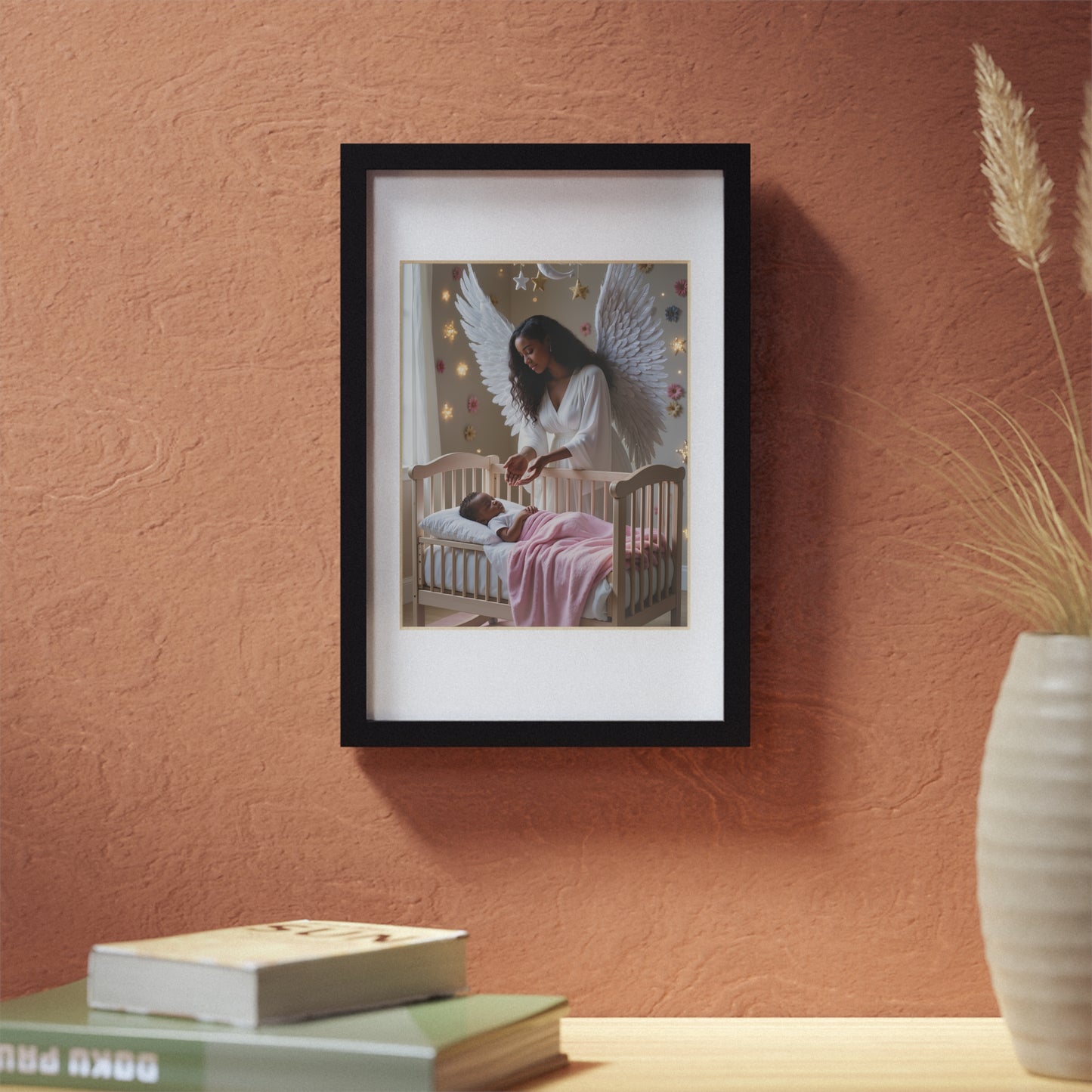 Guardian Angel Nursery Framed Poster – Angel Watching Over Sleeping Baby