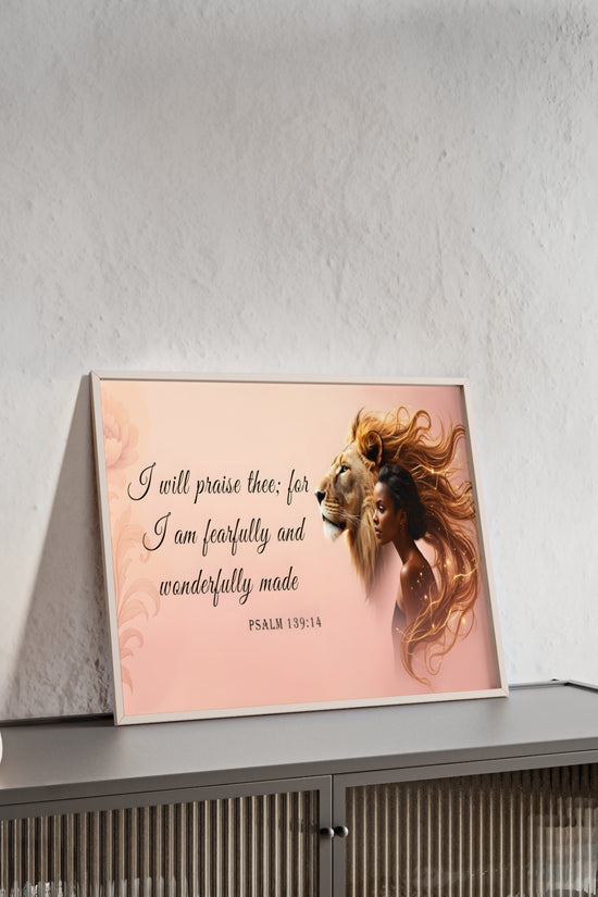 Fearfully & Wonderfully Made Wooden-Framed Poster — Psalm 139:14 Lion & Woman Wall Art