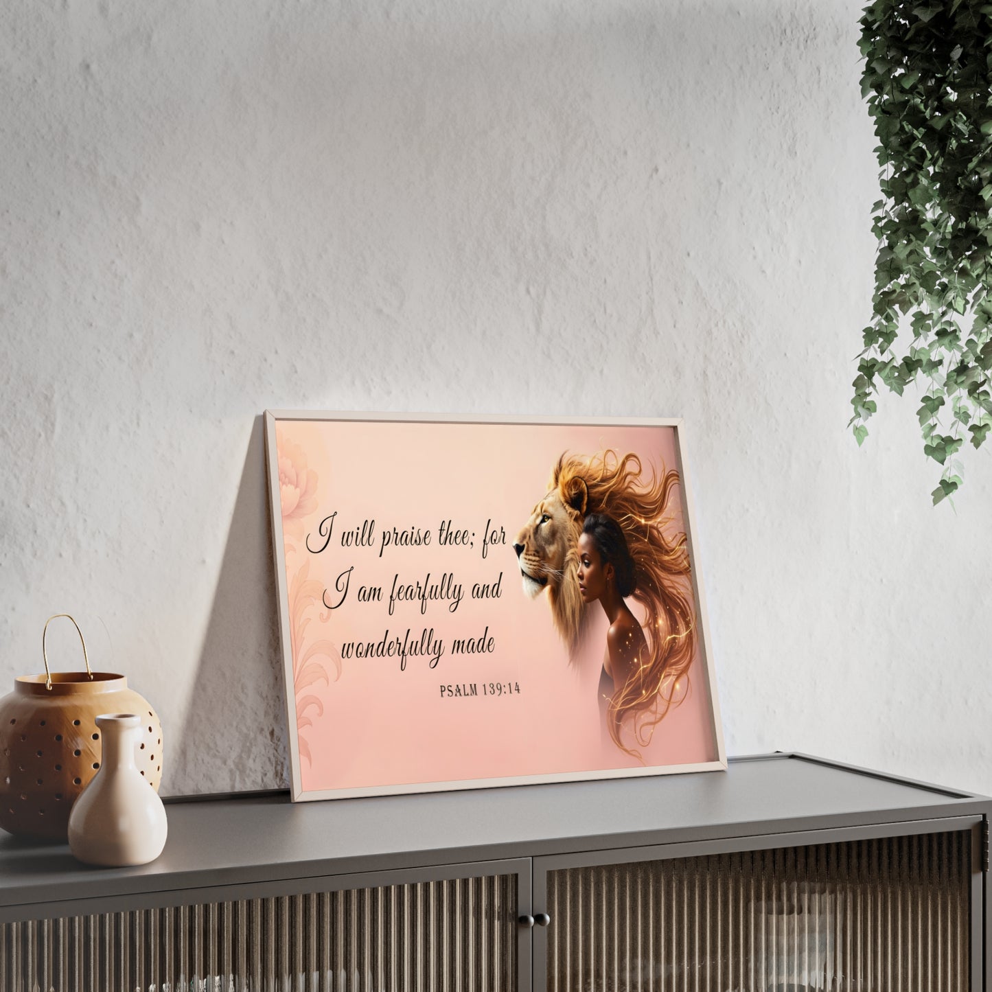 Fearfully & Wonderfully Made Wooden-Framed Poster — Psalm 139:14 Lion & Woman Wall Art