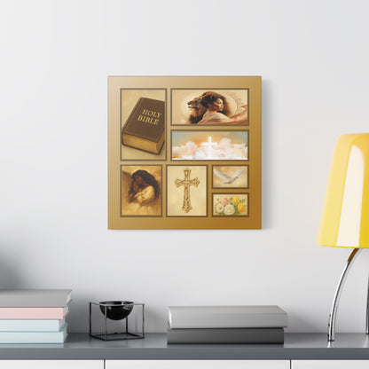 Christian Wall Art Canvas — Bible, Cross & Dove Collage (Matte Stretched 1.25") by Grace Canvas Shop