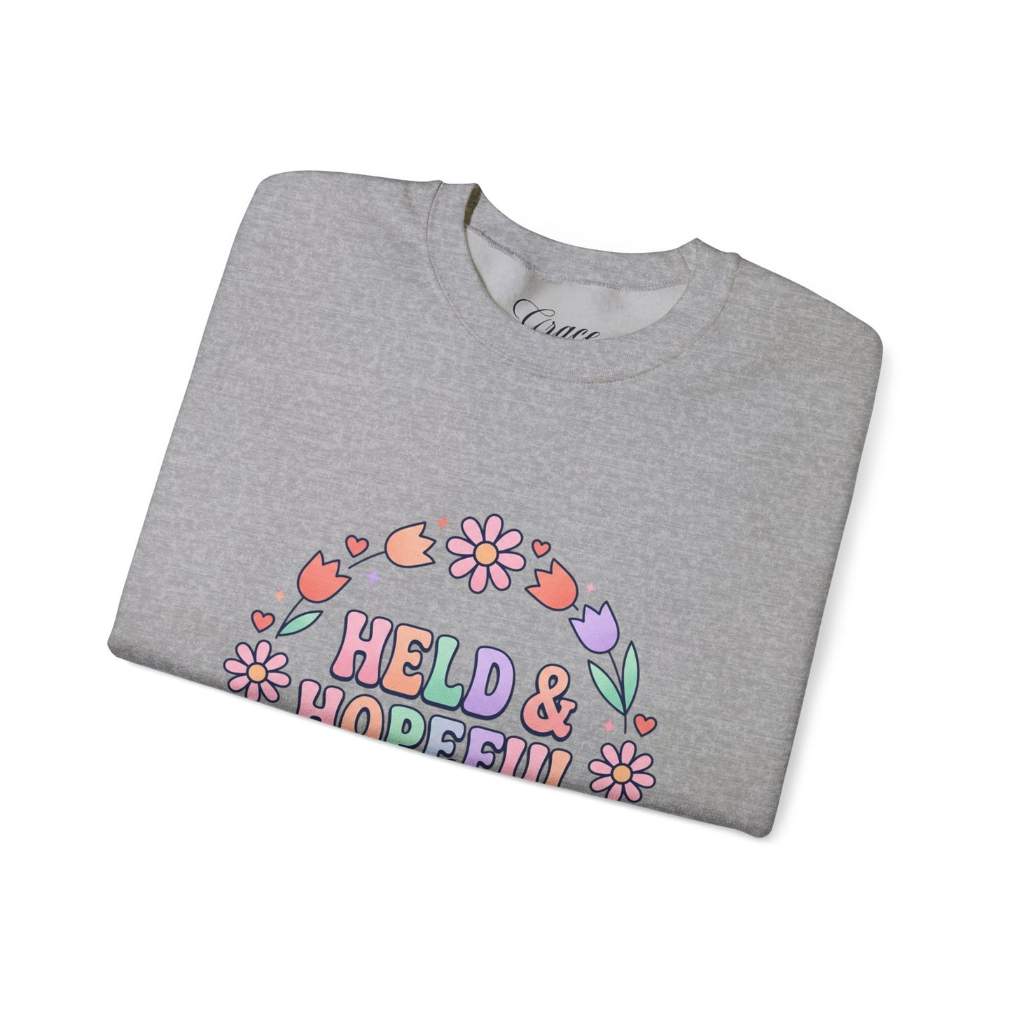 Held & Hopeful in Jesus Sweatshirt | Colorful Pastel Christian Encouragement