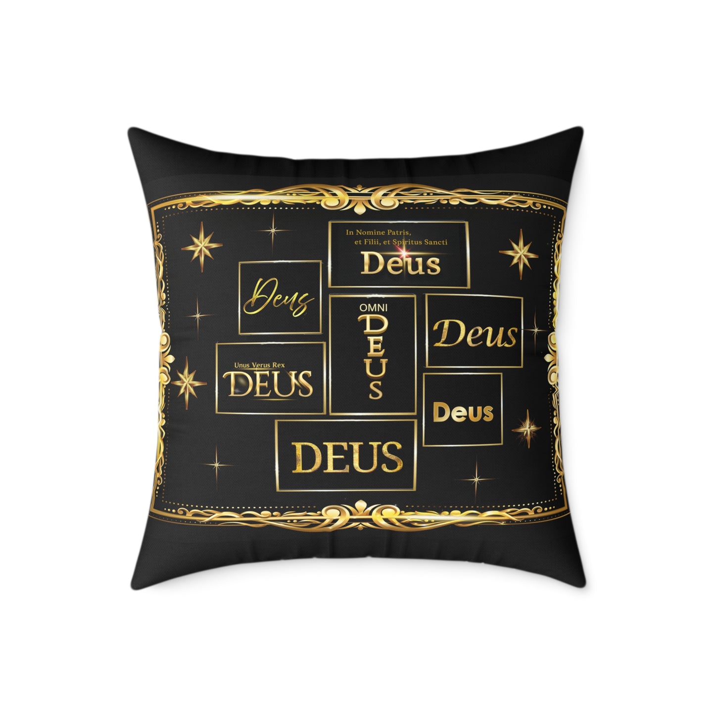 Deus Gold Foil Accent Pillow — Black Square Decorative Throw Pillow by Grace Canvas Shop