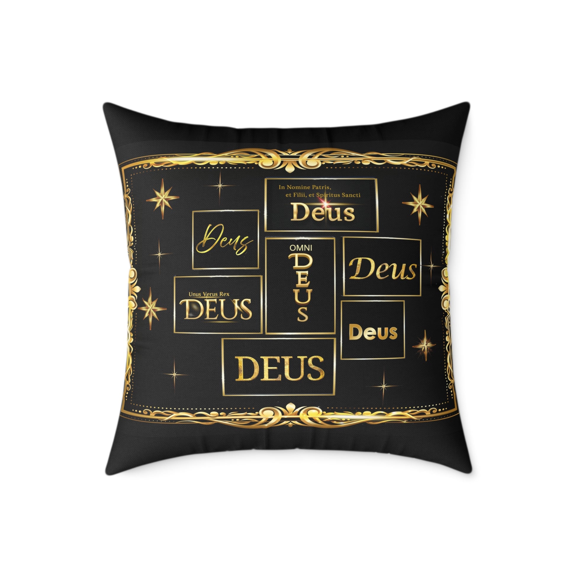Deus Gold Foil Accent Pillow — Black Square Decorative Throw Pillow by Grace Canvas Shop