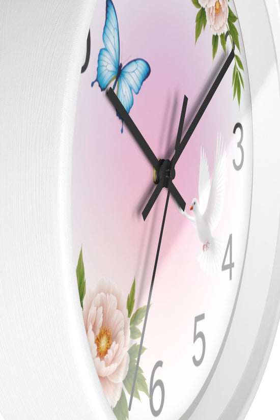 Wall Clock — Pastel Floral Clock with Dove & Blue Butterfly by Grace Canvas Shop