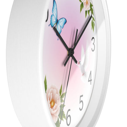Wall Clock — Pastel Floral Clock with Dove & Blue Butterfly