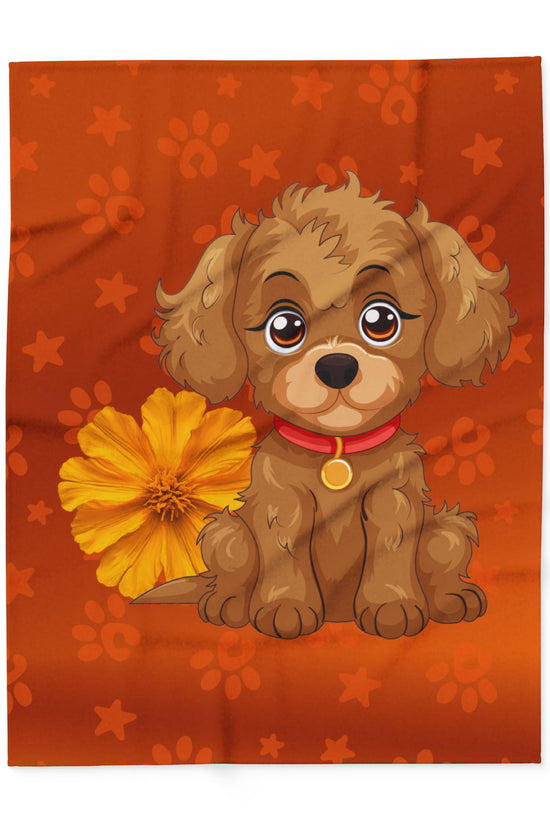 Cute Puppy Fleece Blanket — Adorable Brown Dog with Flower Throw by Grace Canvas Shop