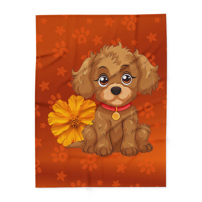Cute Puppy Fleece Blanket — Adorable Brown Dog with Flower Throw by Grace Canvas Shop