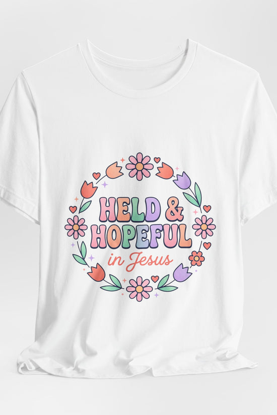 Held & Hopeful in Jesus Tee | Colorful Christian Encouragement, Retro Pastel