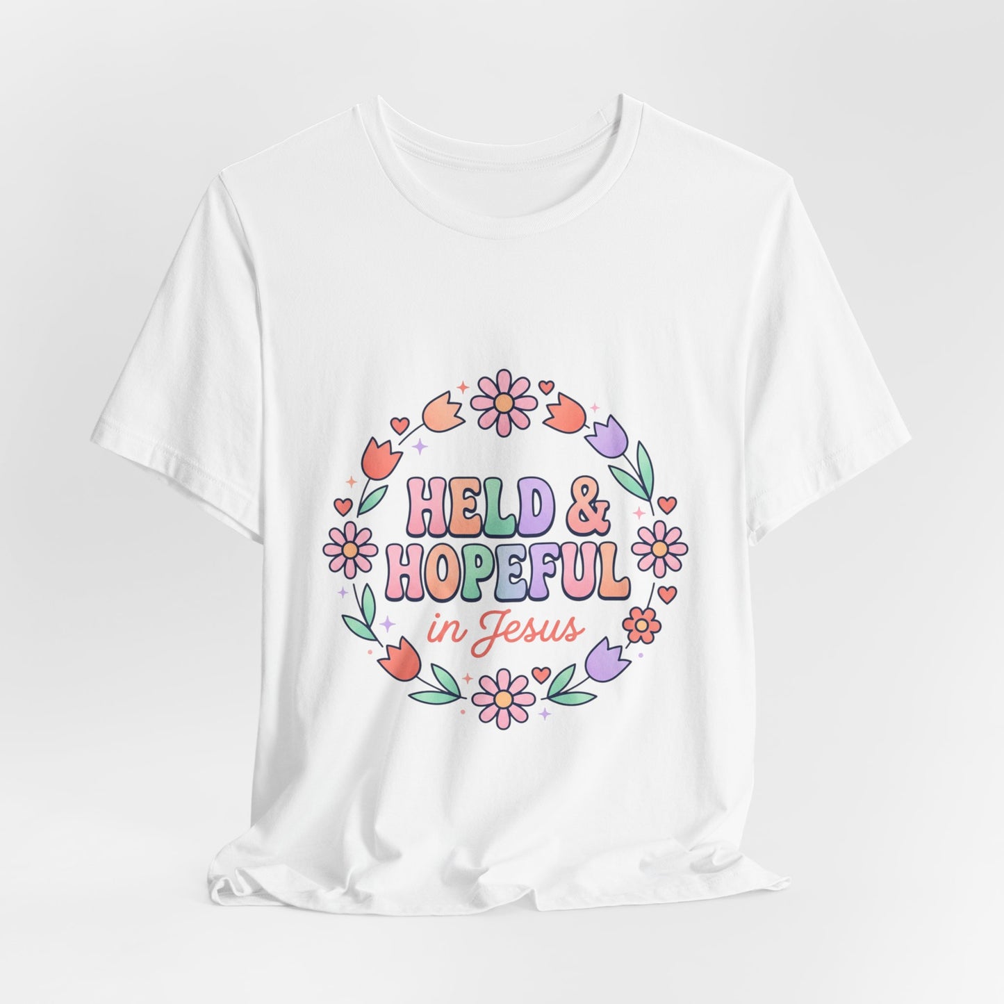Held & Hopeful in Jesus Tee | Colorful Christian Encouragement, Retro Pastel