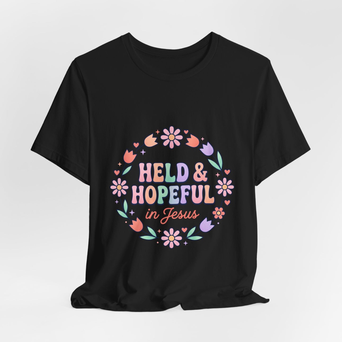 Held & Hopeful in Jesus Tee | Colorful Christian Encouragement, Retro Pastel