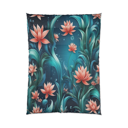 Lotus Garden Comforter – Teal Floral Bedding with Coral Waterlilies