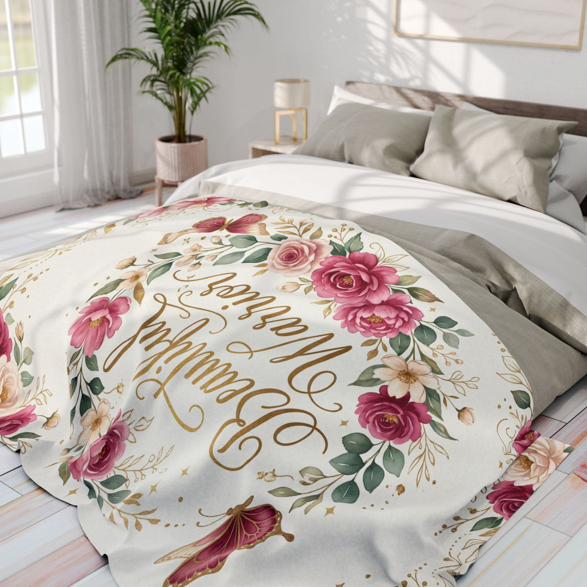 Beautiful Warrior" Floral Throw Fleece Blanket for Comfort & Recovery