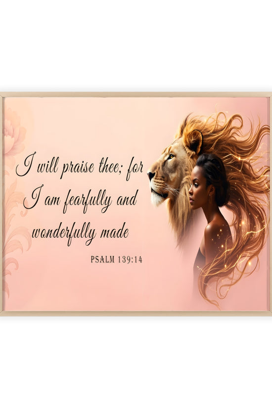 Fearfully & Wonderfully Made Wooden-Framed Poster — Psalm 139:14 Lion & Woman Wall Art