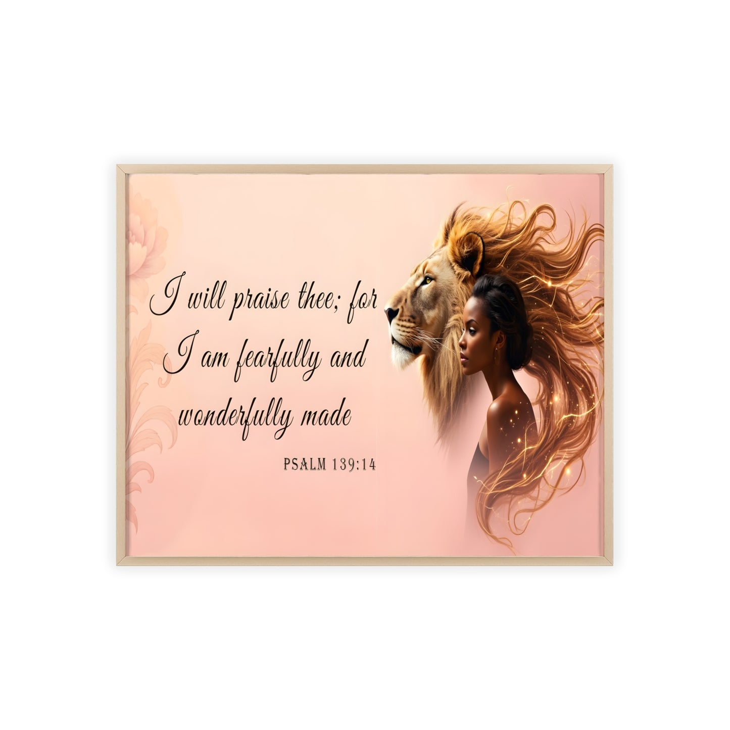 Fearfully & Wonderfully Made Wooden-Framed Poster — Psalm 139:14 Lion & Woman Wall Art