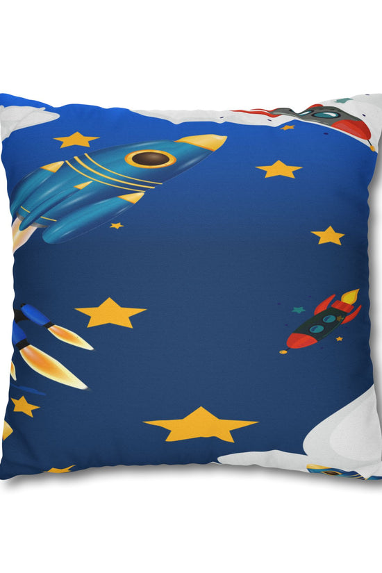 Kids Space Rocket Throw Pillowcase – Blue Stars Galaxy Decorative Pillow Cover by Grace Canvas Shop