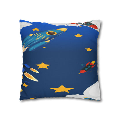 Kids Space Rocket Throw Pillowcase – Blue Stars Galaxy Decorative Pillow Cover by Grace Canvas Shop