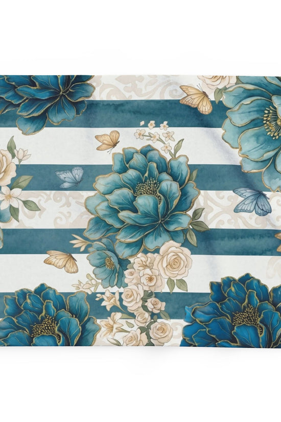 Teal Peony Striped Throw Fleece Blanket