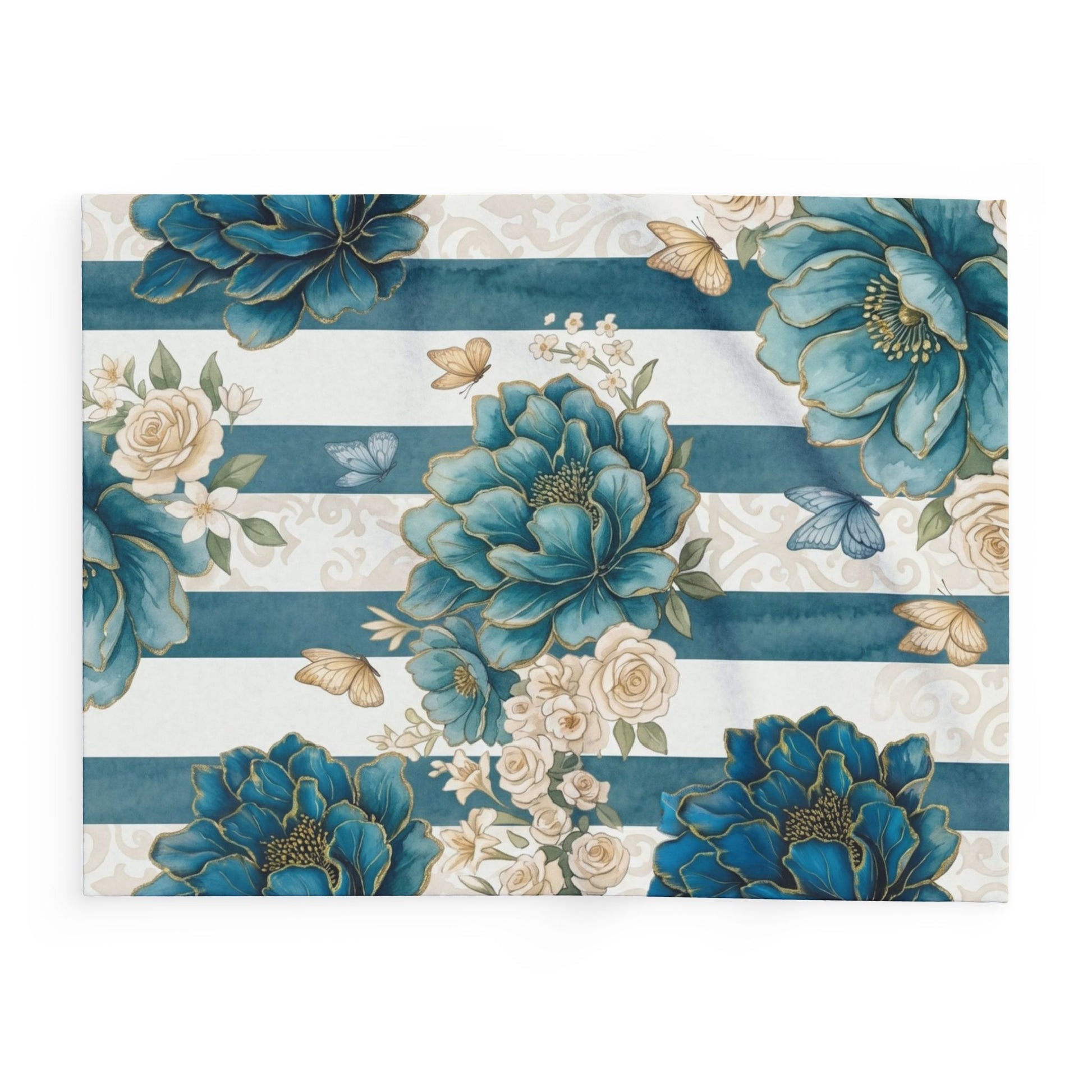 Teal Peony Striped Throw Fleece Blanket