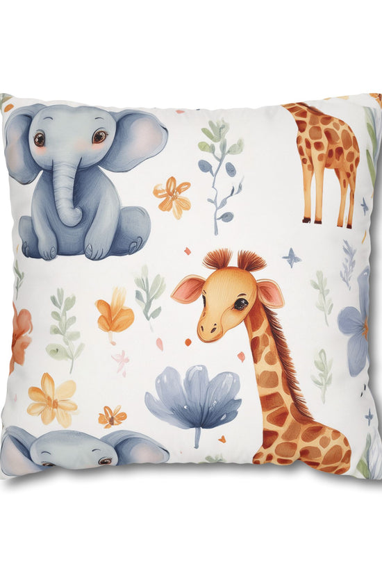 Nursery Animal Throw Pillowcase — Giraffe & Elephant Floral Square Cushion Cover by Grace Canvas Shop