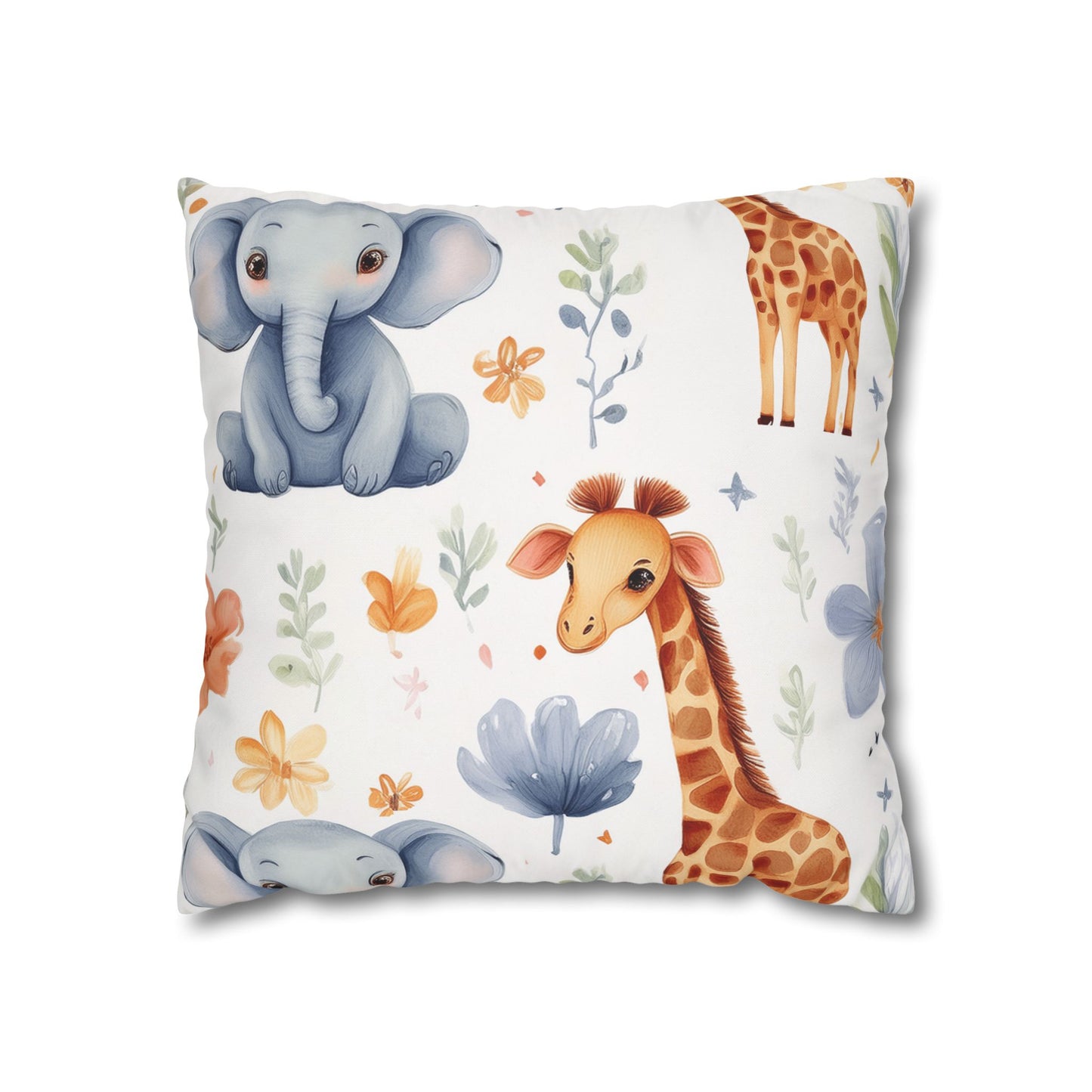 Nursery Animal Throw Pillowcase — Giraffe & Elephant Floral Square Cushion Cover by Grace Canvas Shop