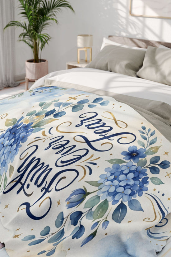 Faith Over Fear Fleece Blanket – Blue Floral Inspirational Throw