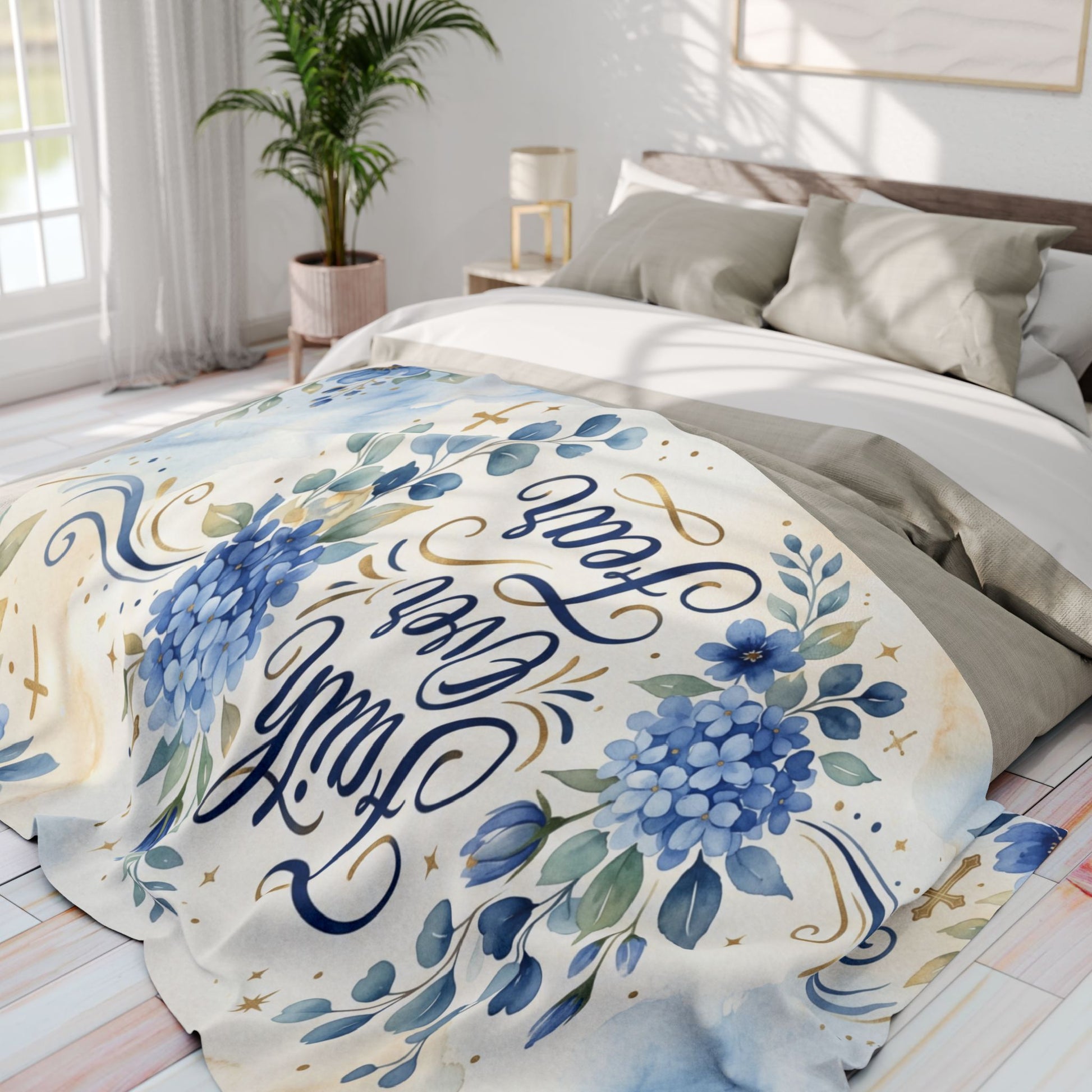 Faith Over Fear Fleece Blanket – Blue Floral Inspirational Throw