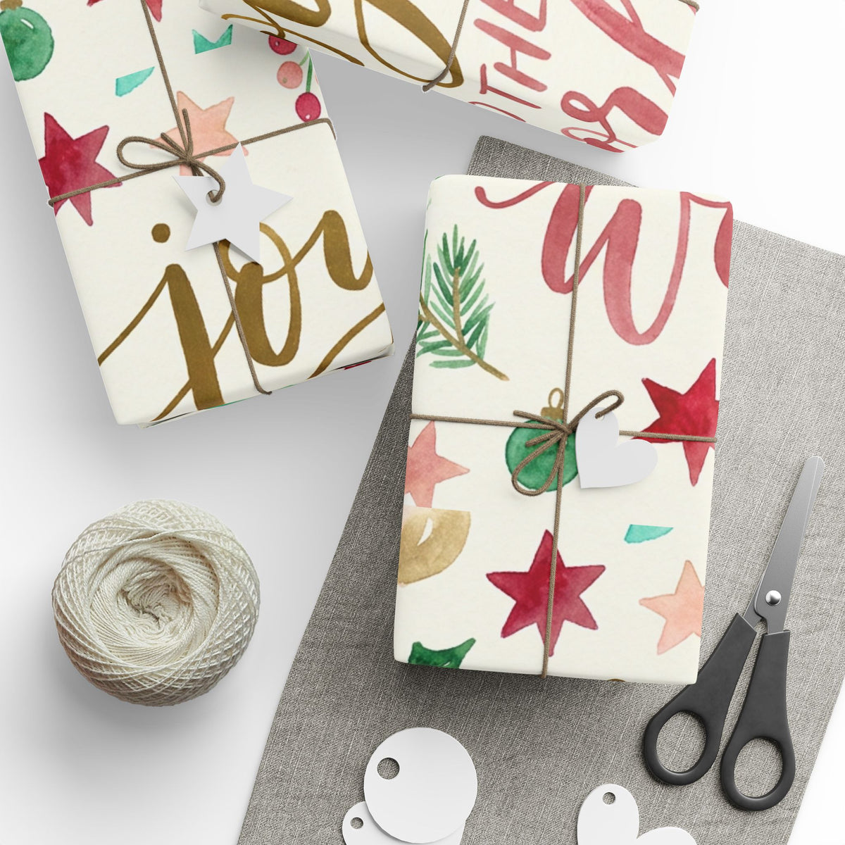 Joy to the World Christmas Wrapping Paper — Festive Watercolor Ornaments & Pine