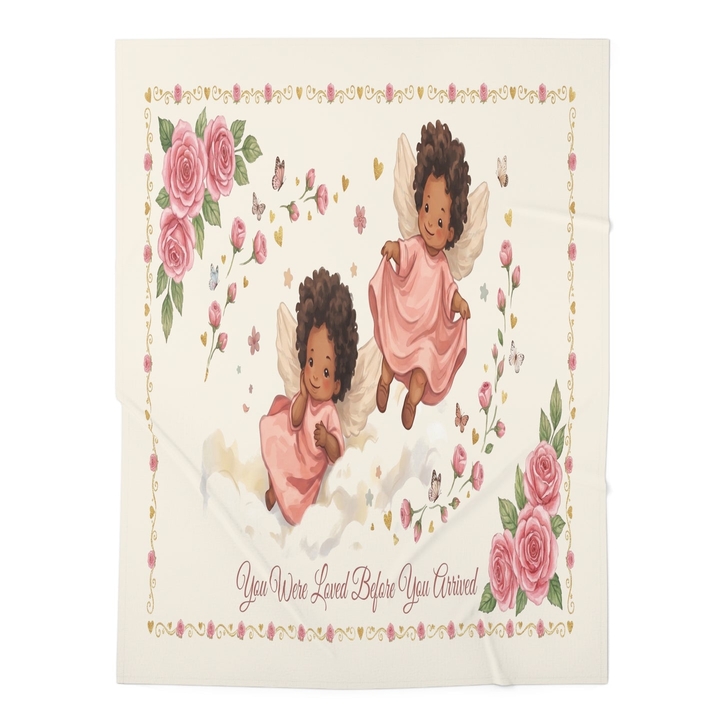 Baby Swaddle Blanket — Sweet Angel African American Baby Girl Swaddle with "You Were Loved Before You Arrived" Floral Design