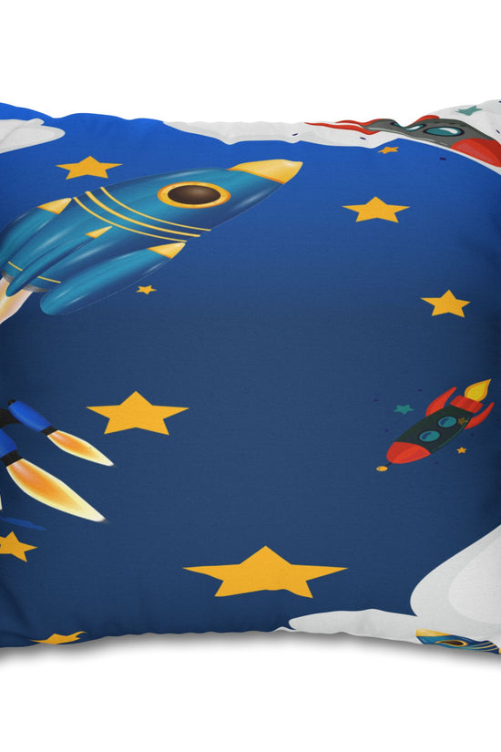 Kids Space Rocket Throw Pillowcase – Blue Stars Galaxy Decorative Pillow Cover by Grace Canvas Shop