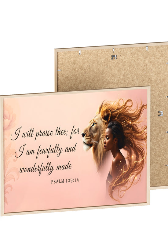 Fearfully & Wonderfully Made Wooden-Framed Poster — Psalm 139:14 Lion & Woman Wall Art