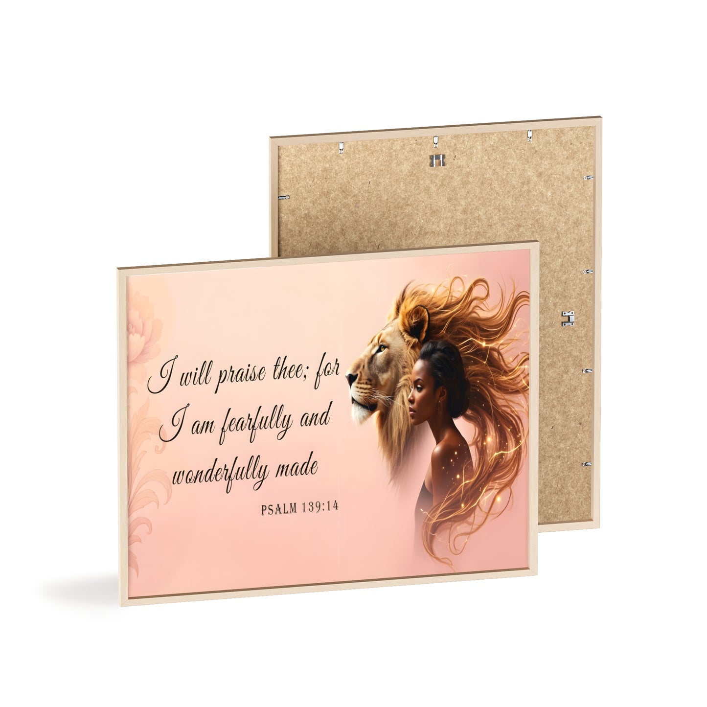 Fearfully & Wonderfully Made Wooden-Framed Poster — Psalm 139:14 Lion & Woman Wall Art