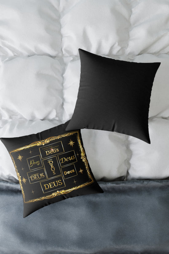 Deus Gold Foil Accent Pillow — Black Square Decorative Throw Pillow by Grace Canvas Shop