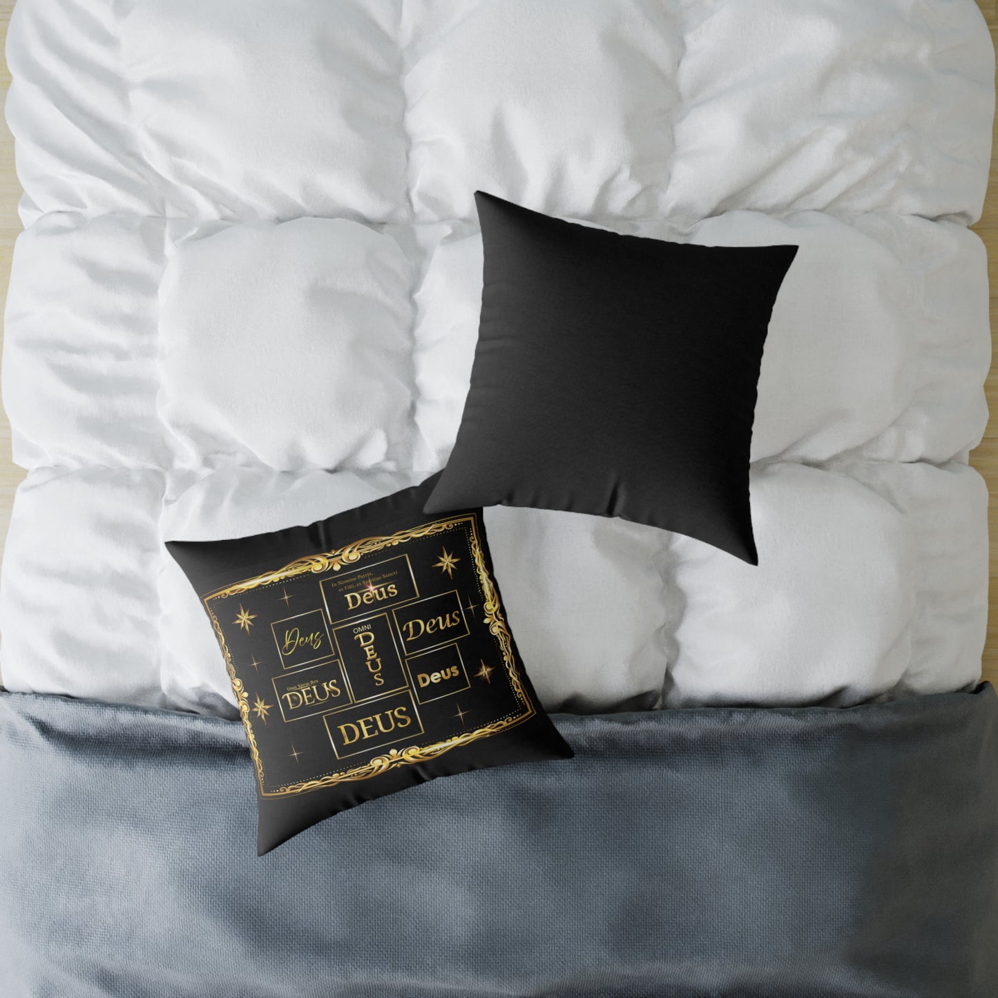 Deus Gold Foil Accent Pillow — Black Square Decorative Throw Pillow by Grace Canvas Shop