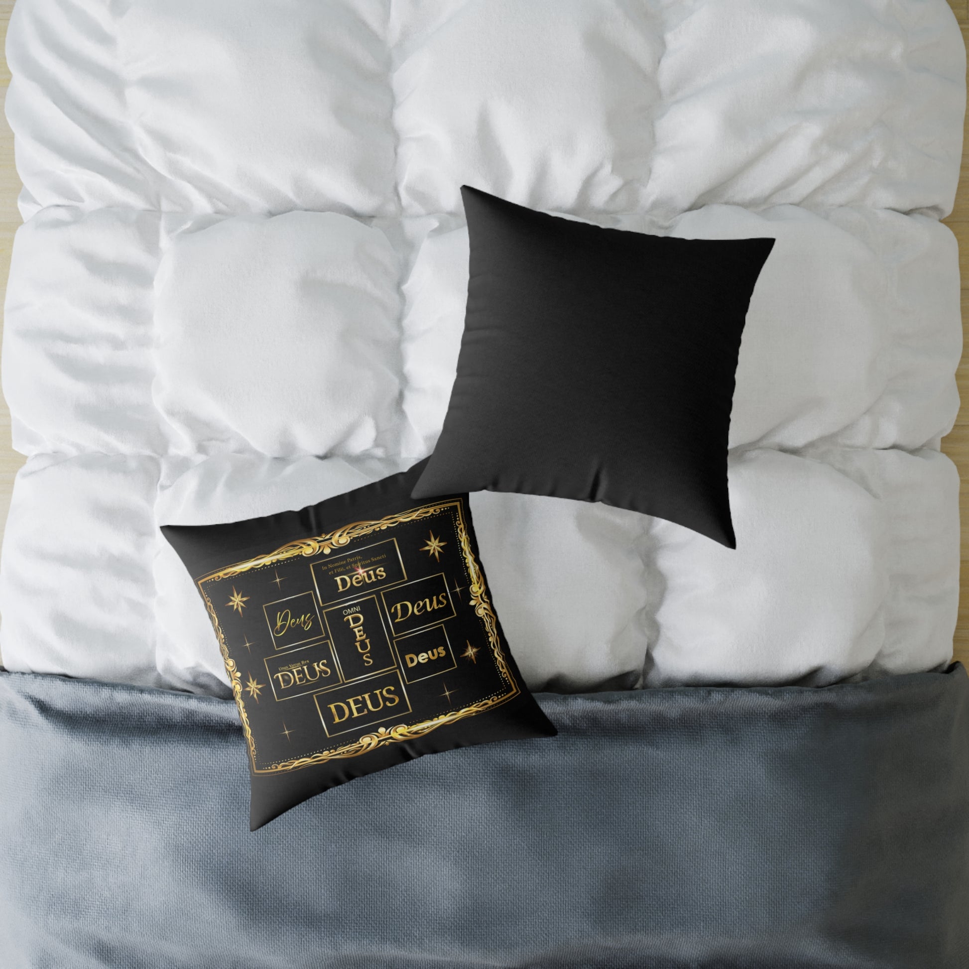Deus Gold Foil Accent Pillow — Black Square Decorative Throw Pillow by Grace Canvas Shop