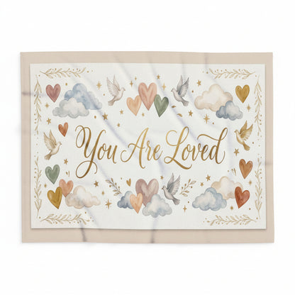 You Are Loved Fleece Blanket — Soft Baby/Nursery Throw with Hearts, Clouds & Doves