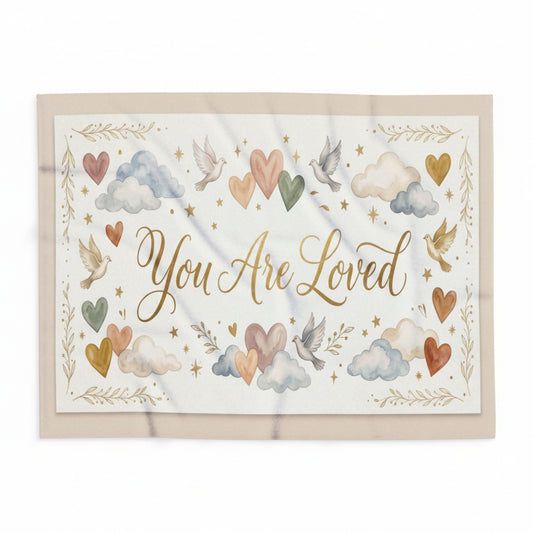 You Are Loved Fleece Blanket — Soft Baby/Nursery Throw with Hearts, Clouds & Doves