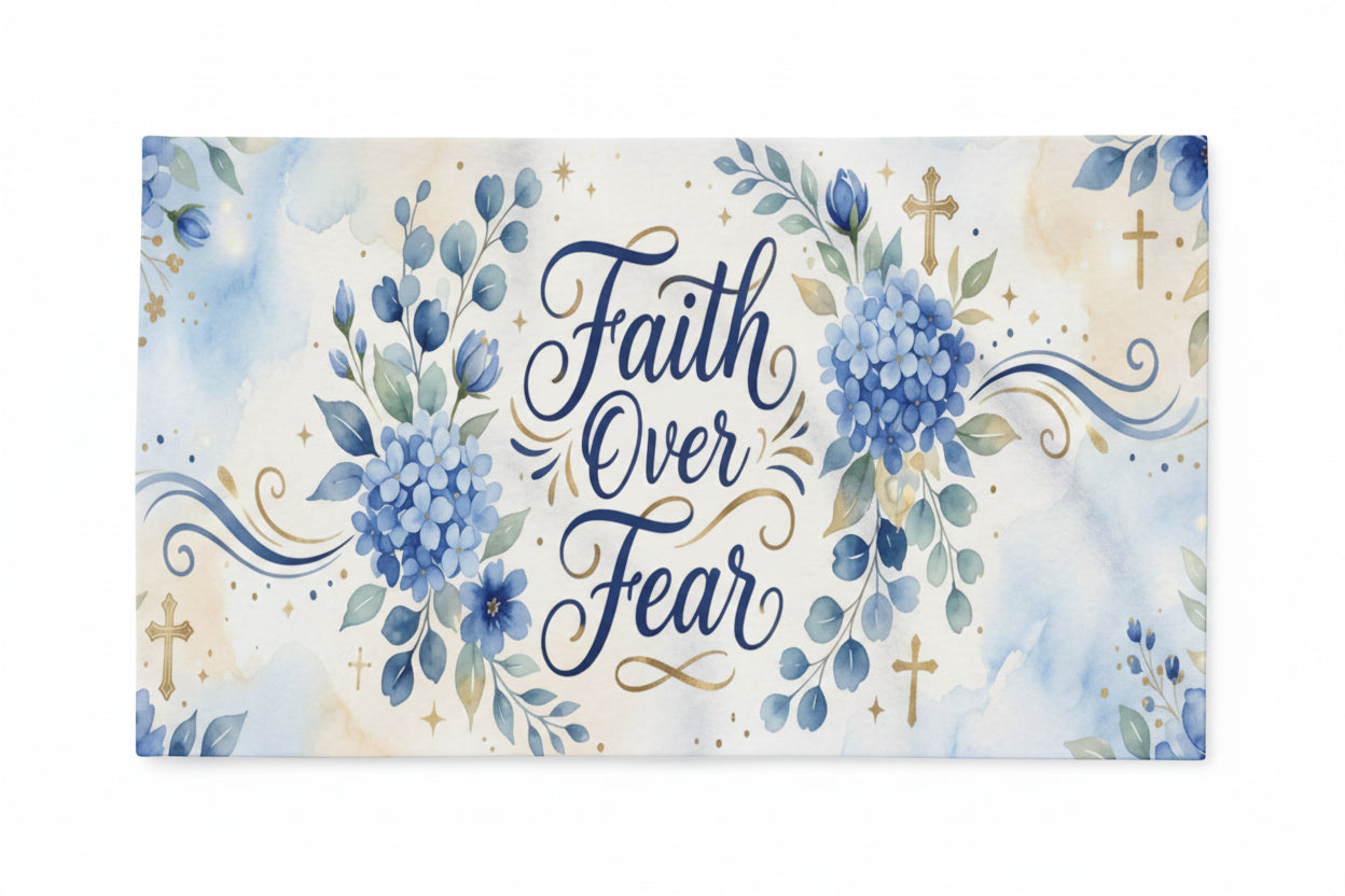 Faith Over Fear Fleece Blanket – Blue Floral Inspirational Throw