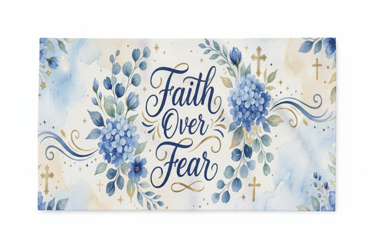 Faith Over Fear Fleece Blanket – Blue Floral Inspirational Throw