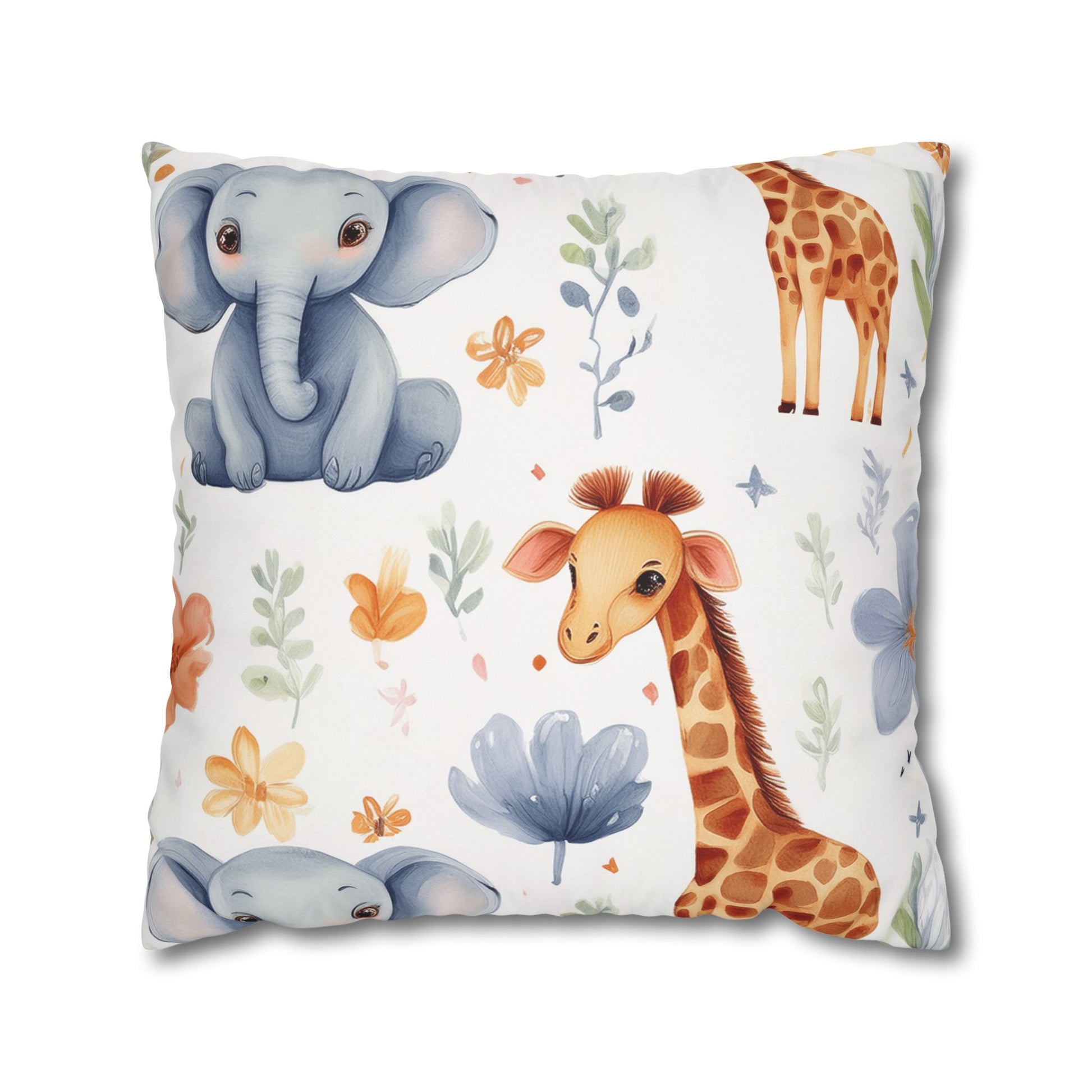 Nursery Animal Throw Pillowcase — Giraffe & Elephant Floral Square Cushion Cover by Grace Canvas Shop
