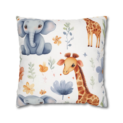 Nursery Animal Throw Pillowcase — Giraffe & Elephant Floral Square Cushion Cover by Grace Canvas Shop
