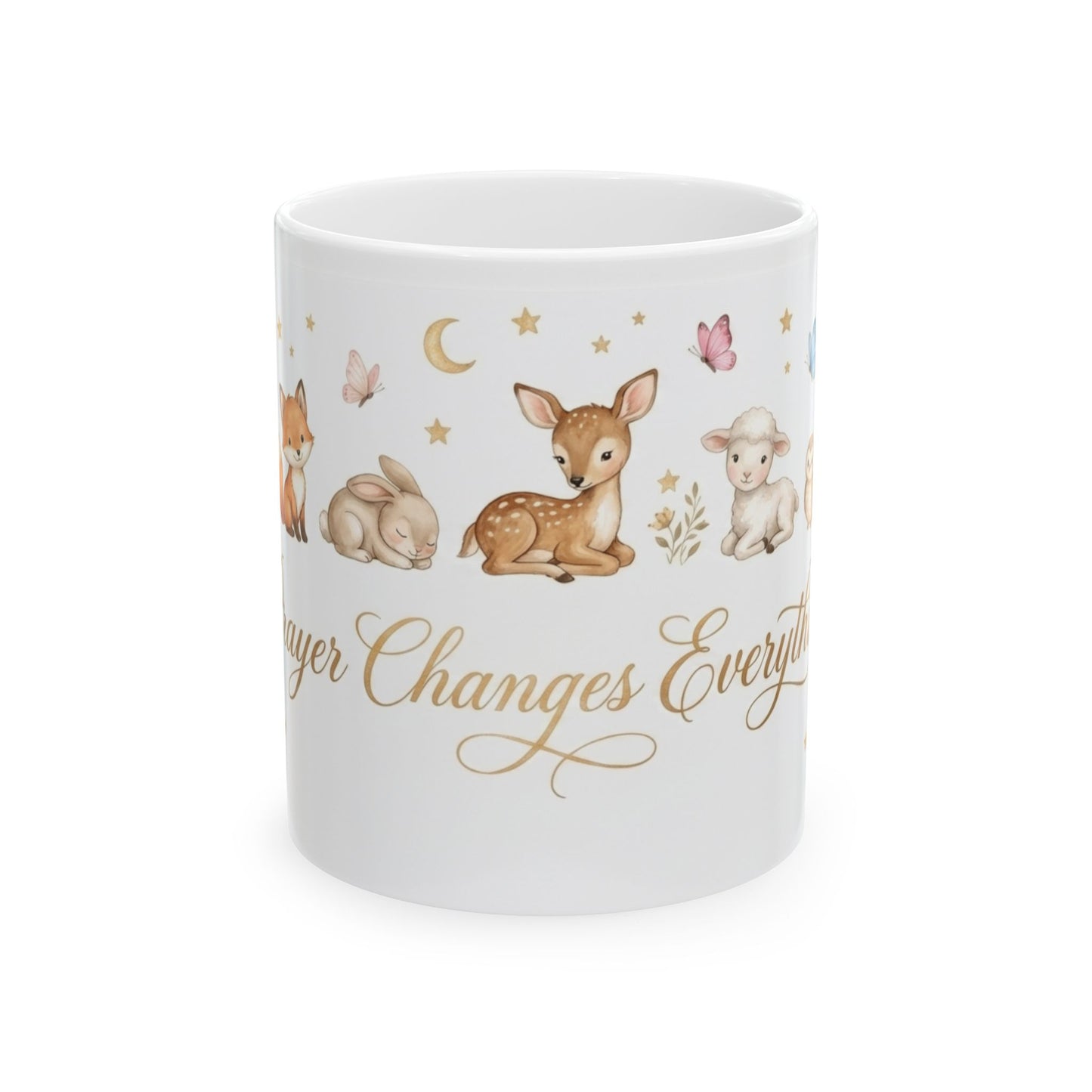 Baby Blessings Ceramic Mug — "Prayer Changes Everything" with Cute Woodland Animals (11oz, 15oz)