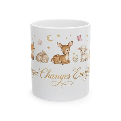 Baby Blessings Ceramic Mug — "Prayer Changes Everything" with Cute Woodland Animals (11oz, 15oz)