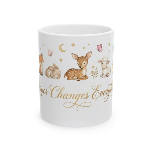 Baby Blessings Ceramic Mug — "Prayer Changes Everything" with Cute Woodland Animals (11oz, 15oz)