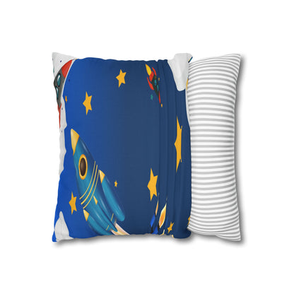 Kids Space Rocket Throw Pillowcase – Blue Stars Galaxy Decorative Pillow Cover by Grace Canvas Shop