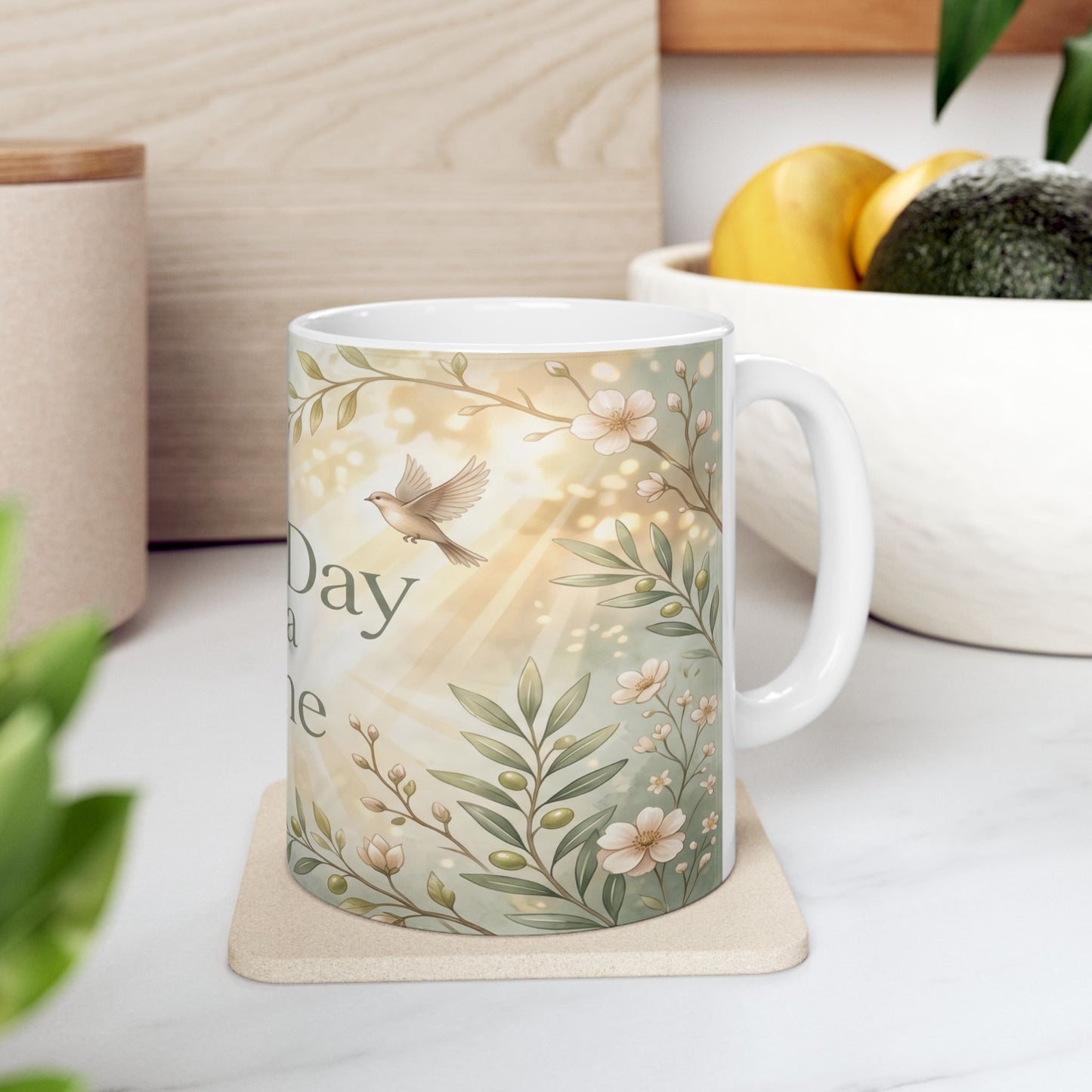 One Day at a Time Ceramic Mug — Inspirational Floral Coffee Cup (11oz, 15oz)