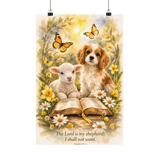 Lamb and Dog Psalm 23:1 Poster by Grace Canvas Shop