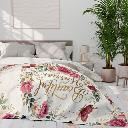 Beautiful Warrior" Floral Throw Fleece Blanket for Comfort & Recovery