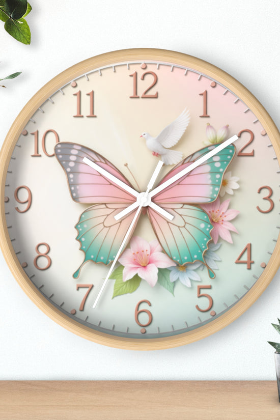 Pastel Butterfly Wall Clock — Floral Dove Decorative Clock for Nursery & Bedroom by Grace Canvas Shop