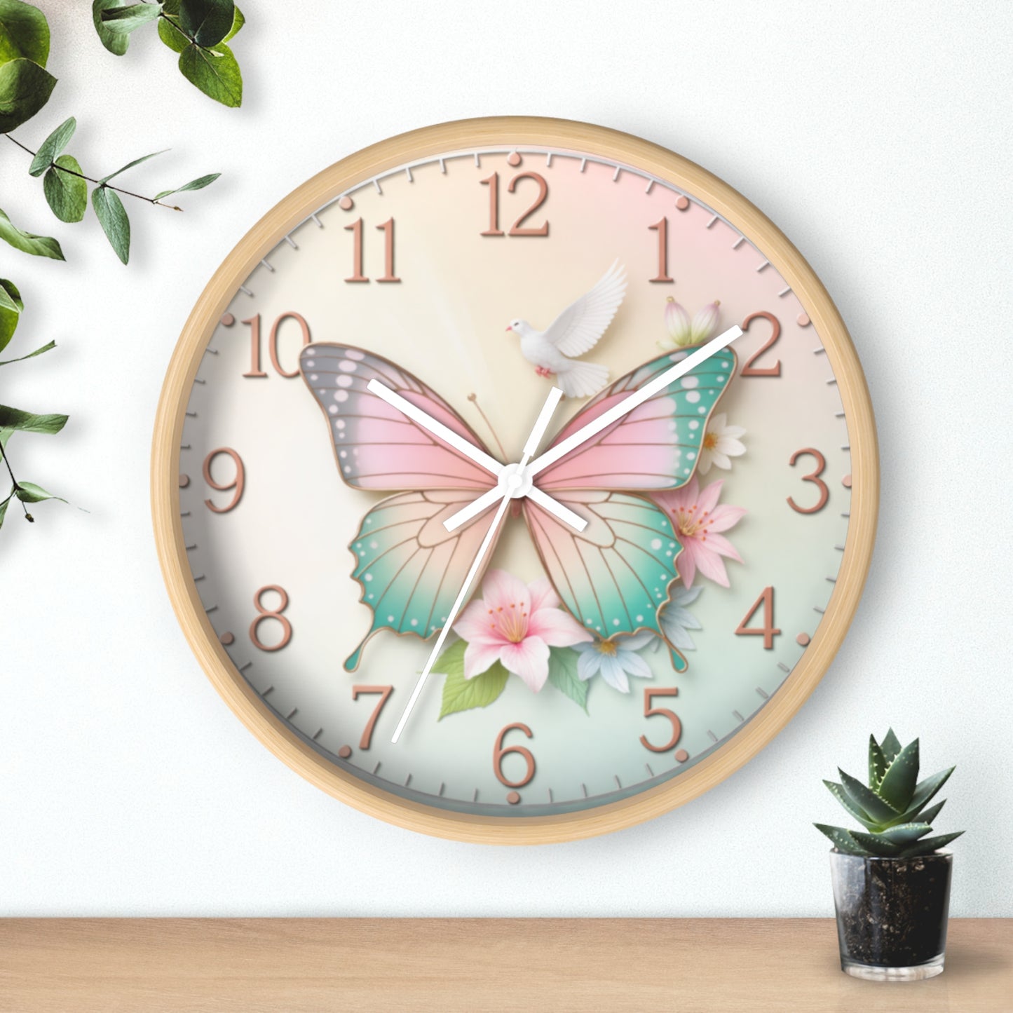Pastel Butterfly Wall Clock — Floral Dove Decorative Clock for Nursery & Bedroom
