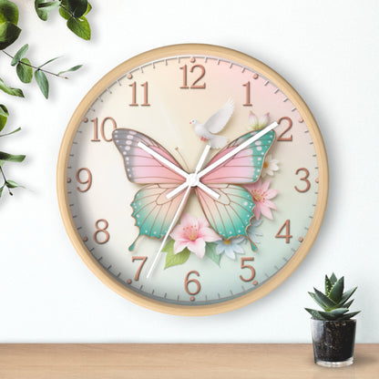 Pastel Butterfly Wall Clock — Floral Dove Decorative Clock for Nursery & Bedroom